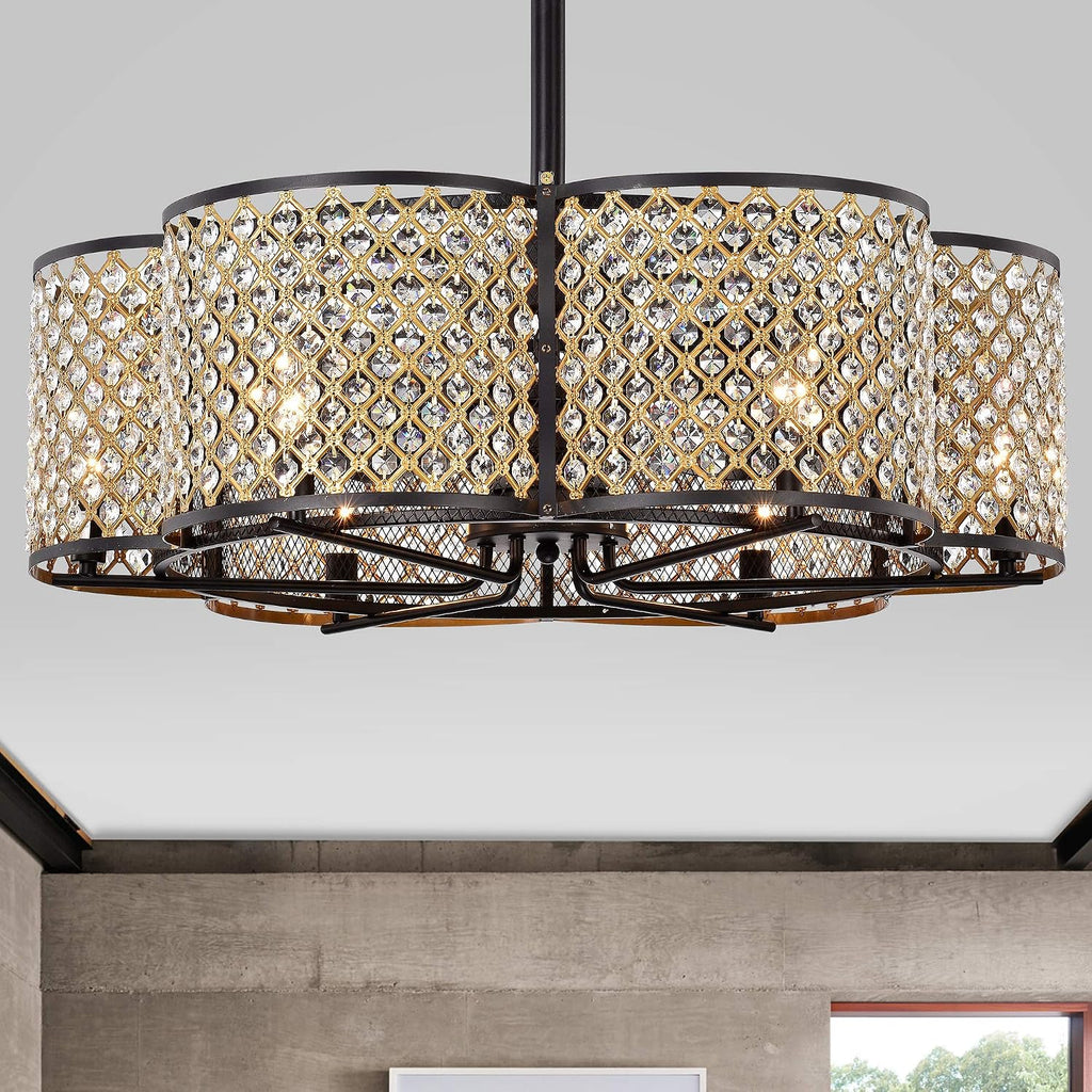 Warehouse of Tiffany CFL-8421BG Gracewood Hollow Kakutani 30-inch 6-Light Matte Black/Goldtone Crystal Fandelier Ceiling Fan, Gold