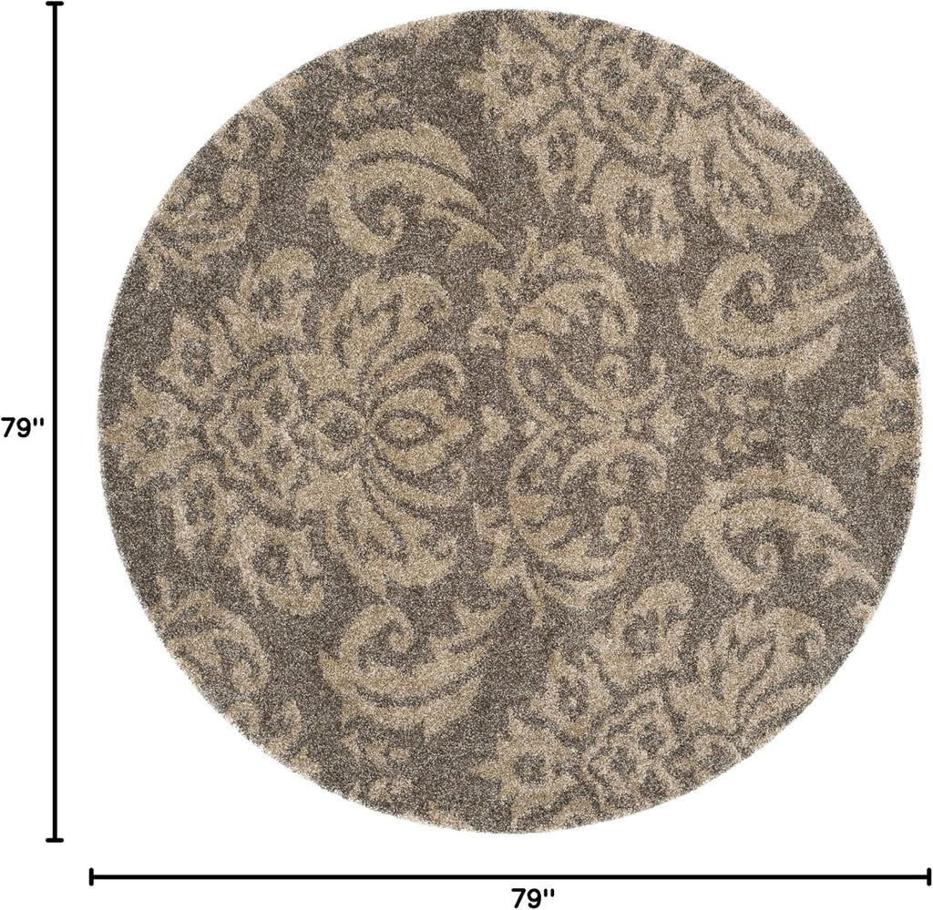 SAFAVIEH Florida Shag Collection Area Rug - 6'7' Round, Smoke & Beige, Damask Design, Non-Shedding & Easy Care, 1.2-inch Thick Ideal for High Traffic Areas in Living Room, Bedroom (SG460-7913)