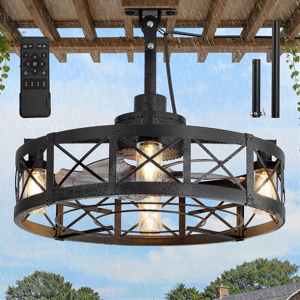 LEDIARY Outdoor Ceiling Fan with Lights for Patios- 22' Waterproof Plug in Gazebo Fan with Remote Control&Timer, 6-Speed Reversible Motor, Hanging Caged Ceiling Fan for Porch, Pergola