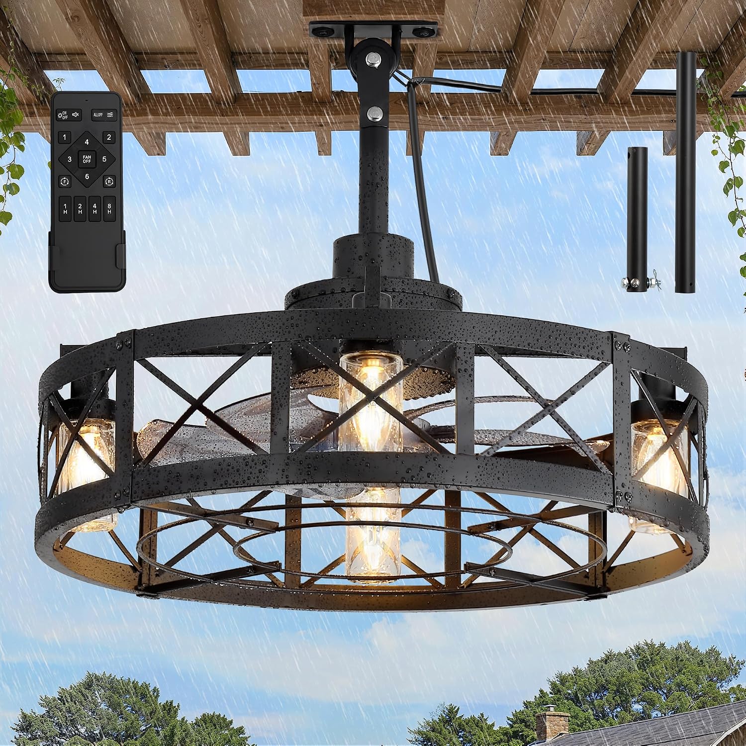 LEDIARY Outdoor Ceiling Fan with Lights for Patios- 22' Waterproof Plug in Gazebo Fan with Remote Control&Timer, 6-Speed Reversible Motor, Hanging Caged Ceiling Fan for Porch, Pergola