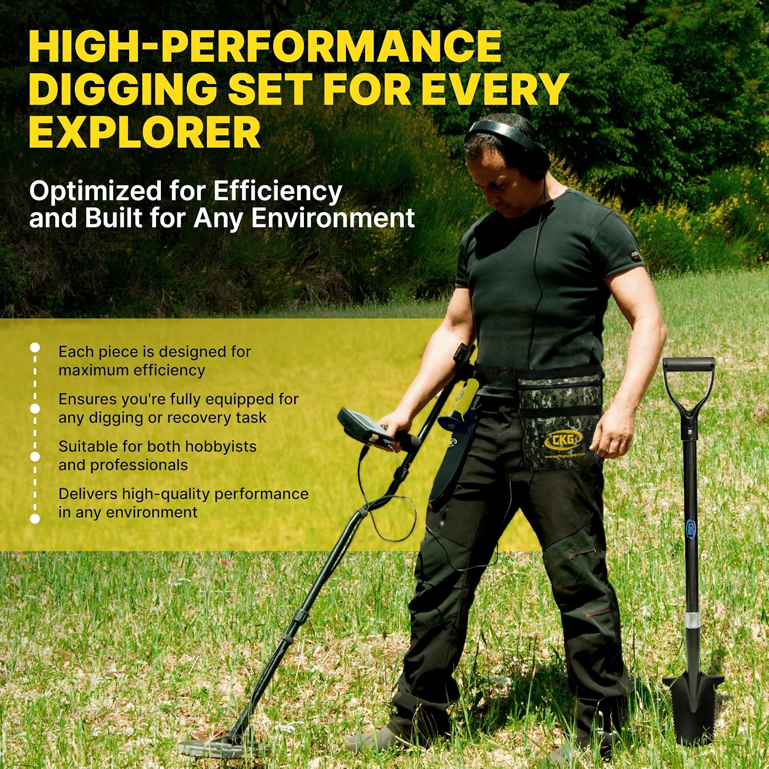 CKG Carbon Metal Detecting Set - Spade Shovel, Hand Shovel Digging Tool, Pouch Bag – Lightweight and Durable Shovels for Digging Treasure Hunting,Set