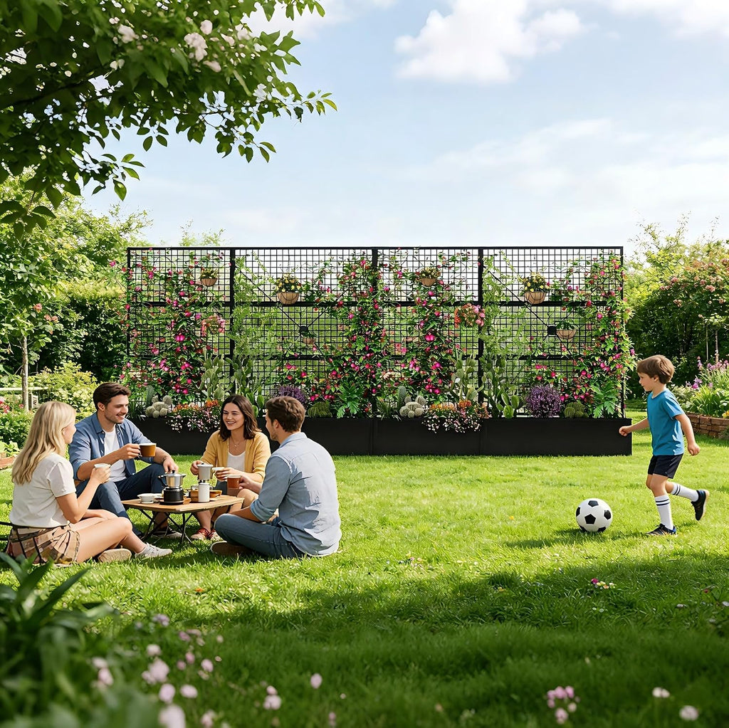 Privacy Planters for Patio – Metal Raised Garden Bed with Trellis and Privacy Screen, 71' x 35' x 16' Planter Box with Drainage Holes for Climbing Plants, Vegetables, and Vines, Outdoor Backyard Black