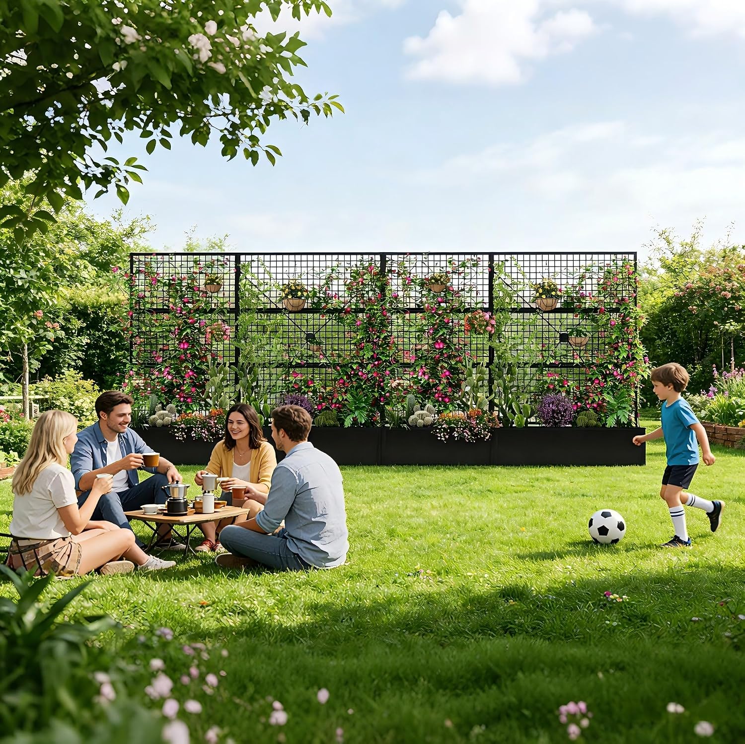 Privacy Planters for Patio – Metal Raised Garden Bed with Trellis and Privacy Screen, 71' x 35' x 16' Planter Box with Drainage Holes for Climbing Plants, Vegetables, and Vines, Outdoor Backyard Black