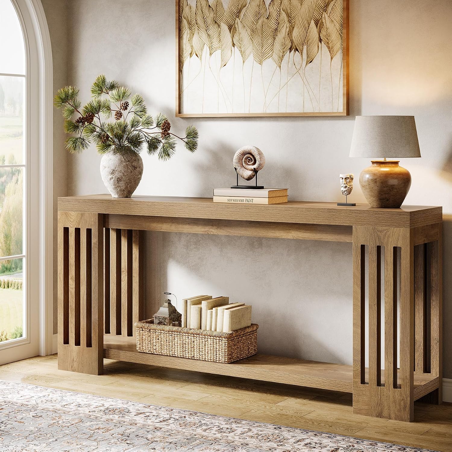 Tribesigns 70.9-Inch Extra Long Entryway Table, Farmhouse Sofa Console Table with Vertical Stripe Legs, 2-Tier Entry Furniture for Living Room, Hallway, Entrance (Light Brown)