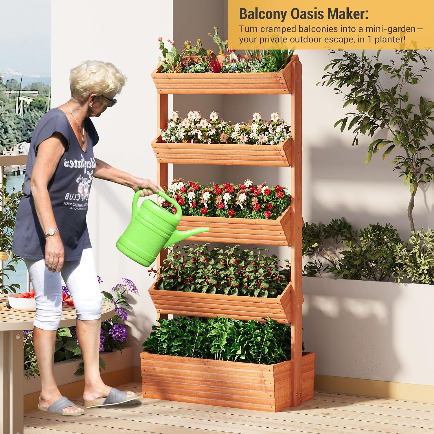 Vertical Wooden Raised Garden Bed Planters Wood Planter Kit Plant Stand Flower Rack Planter Box Gardening for Plants Herbs Flowers Vegetables Outdoor Indoor Freestanding (Orange 5-Tier)