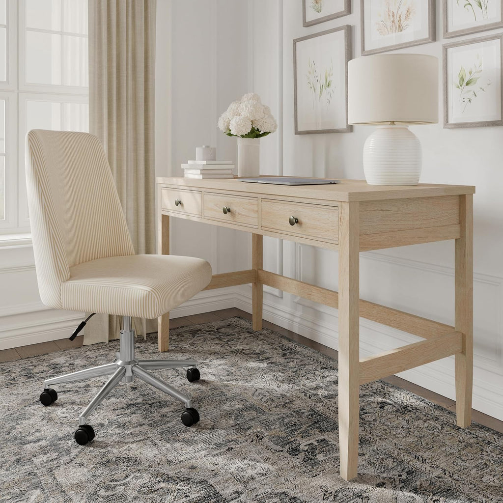Martha Stewart Rhett Home Office Desk with 3 Drawers and Tapered Legs in Light Natural with Antique Bronze Hardware