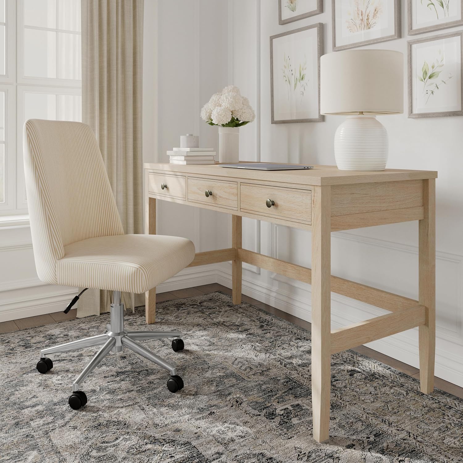 Martha Stewart Rhett Home Office Desk with 3 Drawers and Tapered Legs in Light Natural with Antique Bronze Hardware