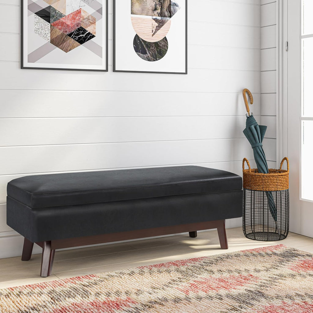 SIMPLIHOME Owen Rectangular Storage Ottoman - 48 inch Wide Upholstered Vegan Leather Lift-Top Ottoman in Midnight Black, Mid-Century Modern Ottoman for Living Room with Tufted Detail