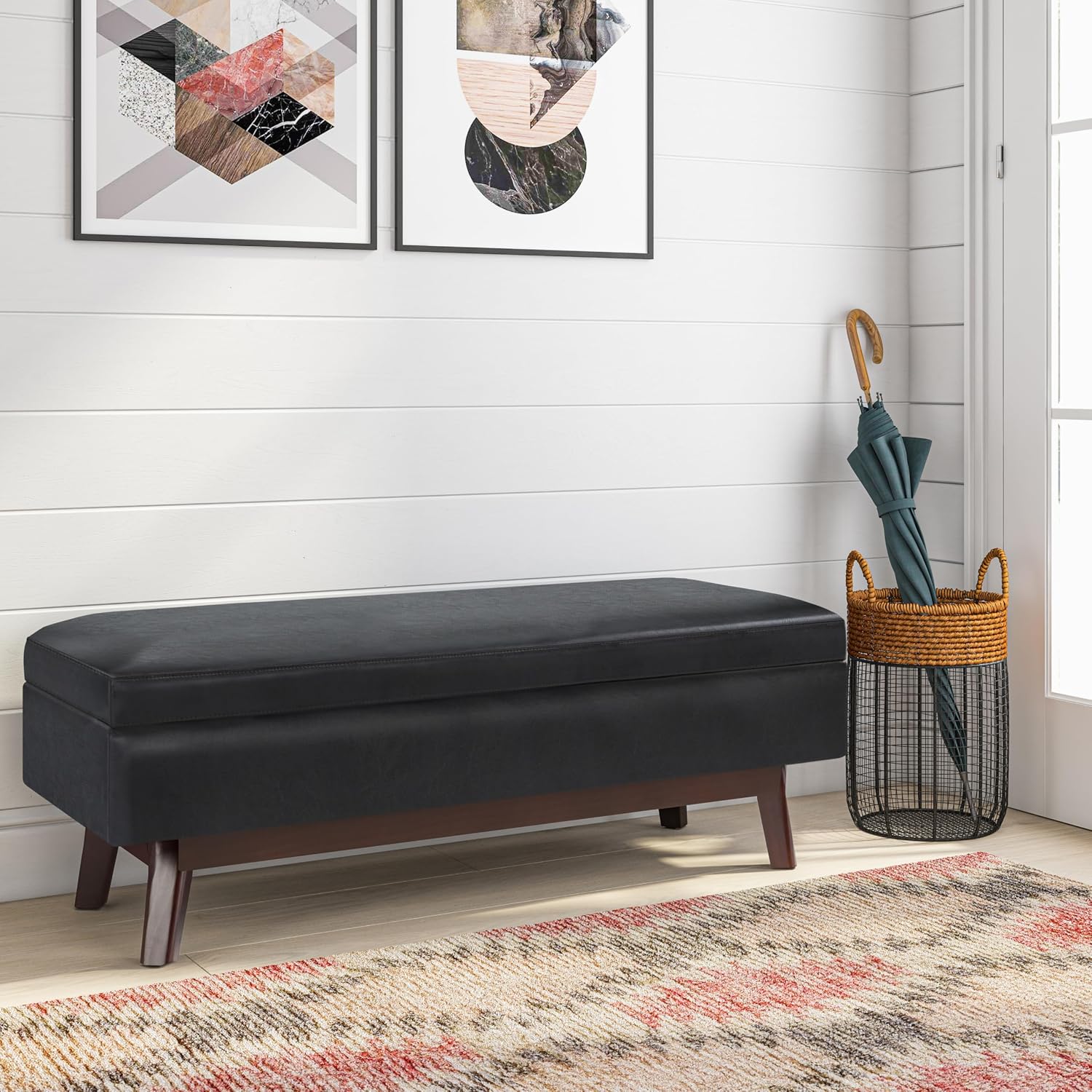 SIMPLIHOME Owen Rectangular Storage Ottoman - 48 inch Wide Upholstered Vegan Leather Lift-Top Ottoman in Midnight Black, Mid-Century Modern Ottoman for Living Room with Tufted Detail