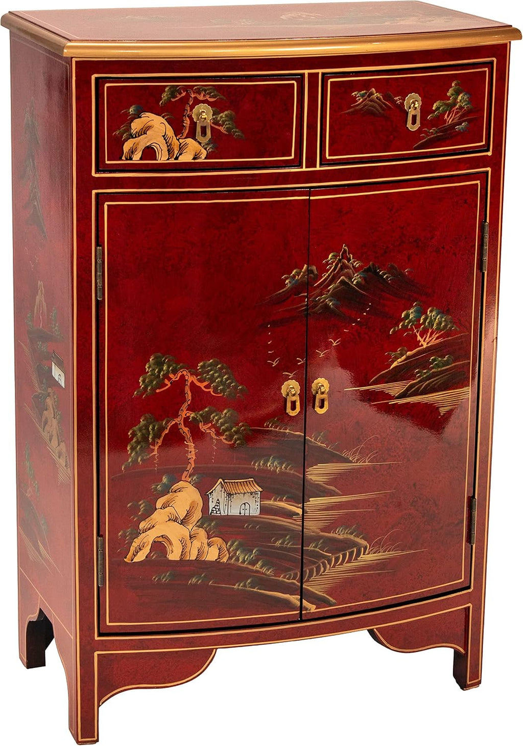 Red Lantern Artisan Crafted Lacquer Storage Cabinet - Red with Hand-Painted Chinese Landscape