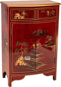 Red Lantern Artisan Crafted Lacquer Storage Cabinet - Red with Hand-Painted Chinese Landscape