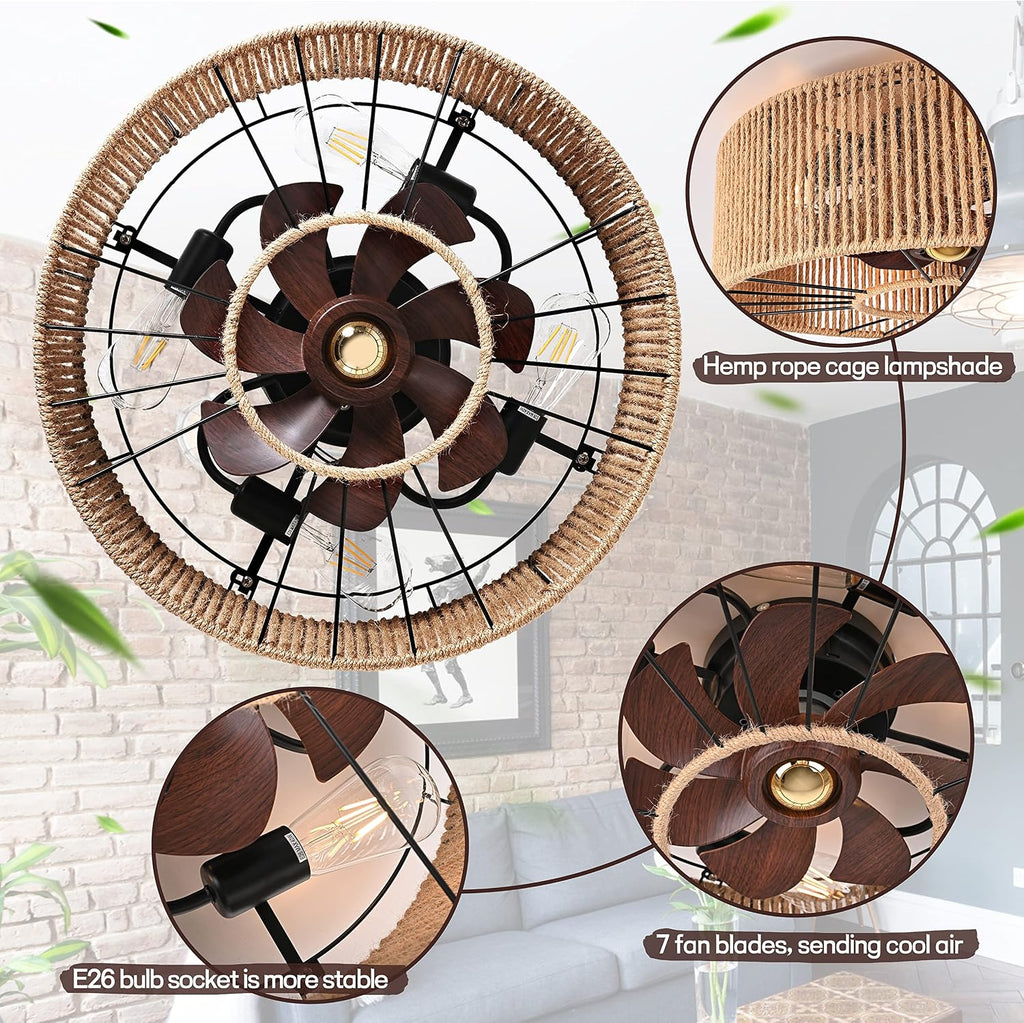 Caged Ceiling Fans with Lights Boho Ceiling Fan Enclosed Ceiling Fans Industrial Low Profile Ceiling Fan with Lights and Remote Hemp Rope Farmhouse Fans with Light for Bedroom Kitchen