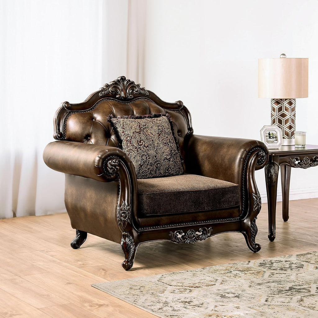 Furniture of America Grant Faux Leather 52-inch 1-Seater Chair with Button Tufted Back and Nailhead Trim, Accent Pillows Included & Carved Details for Living Room, Home Office, Brown