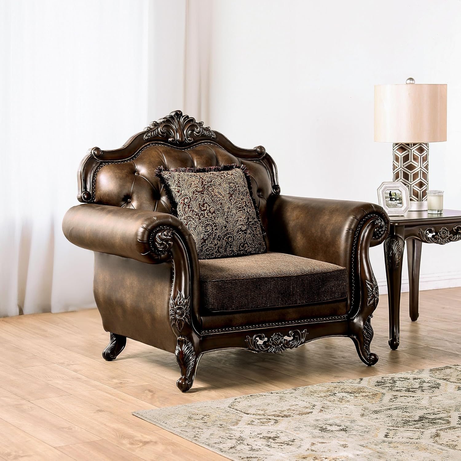 Furniture of America Grant Faux Leather 52-inch 1-Seater Chair with Button Tufted Back and Nailhead Trim, Accent Pillows Included & Carved Details for Living Room, Home Office, Brown