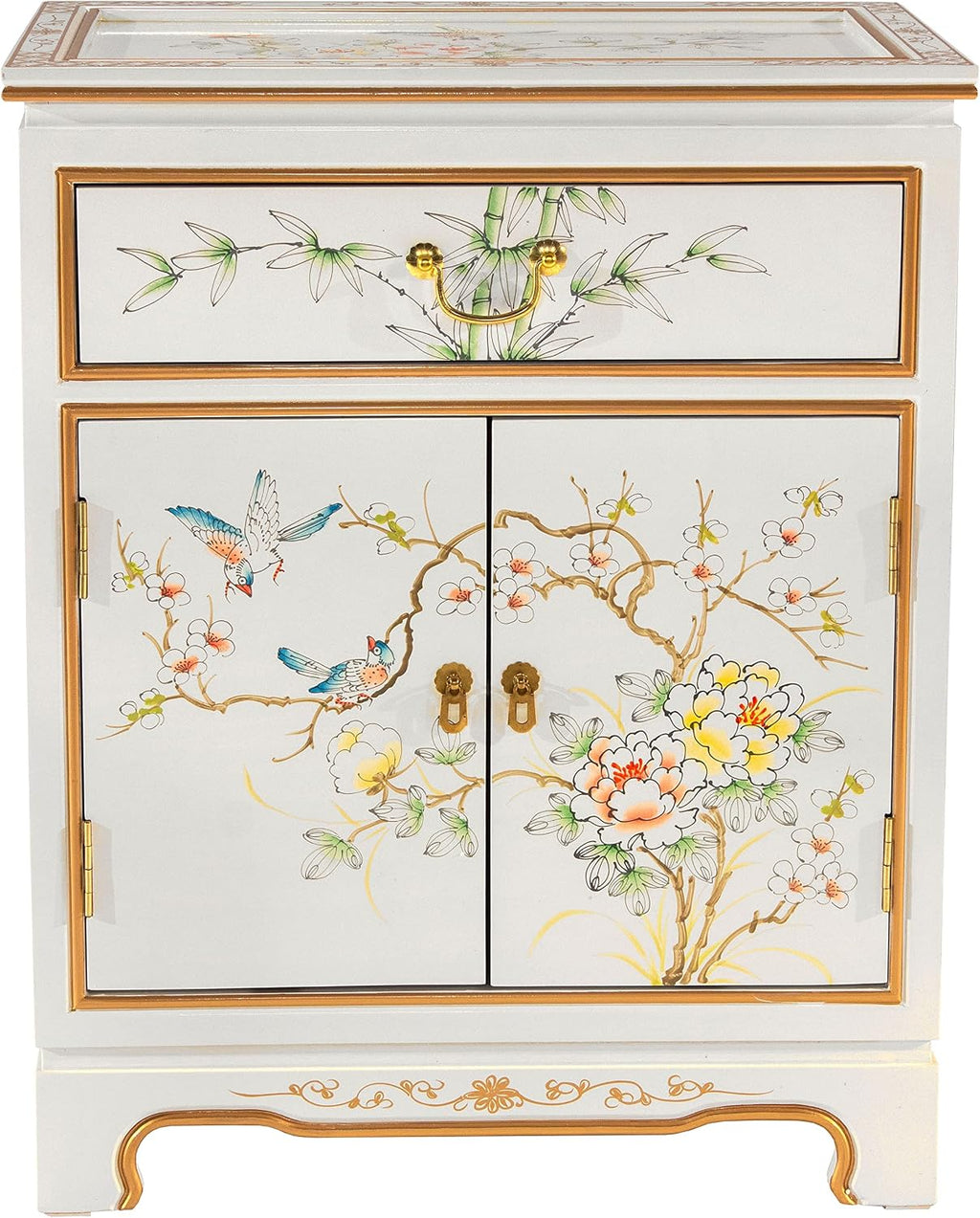 Red Lantern Artisan Crafted Lacquer Storage Cabinet - White with Hand-Painted Birds and Flowers