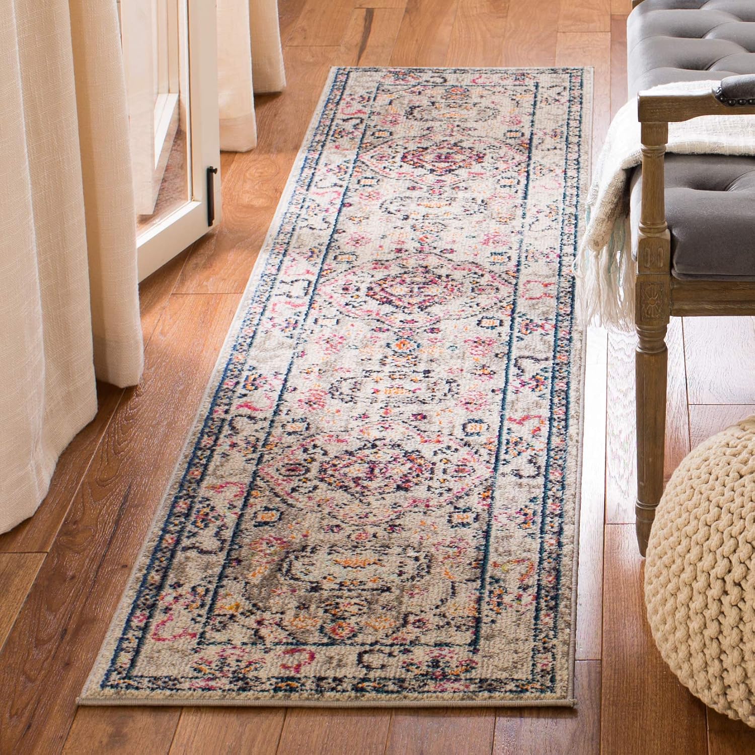 SAFAVIEH Madison Collection Runner Rug - 2'2' x 22', Grey & Blue, Boho Chic Medallion Distressed Design, Non-Shedding & Easy Care, Ideal for High Traffic Areas in Living Room, Bedroom (MAD468F)