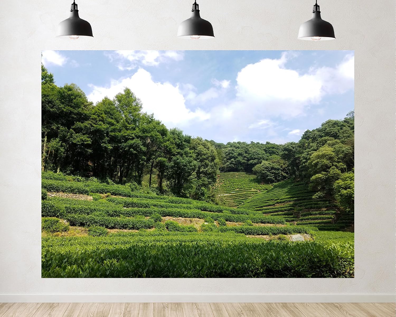 Trykid 20x10ft Lush Green Tea Terrace Backdrop Scenic Tiered Plantation Forested Mountain Clear Sky Photography Background Farm Themed Party Decoration Photo Booth Prop Fabric