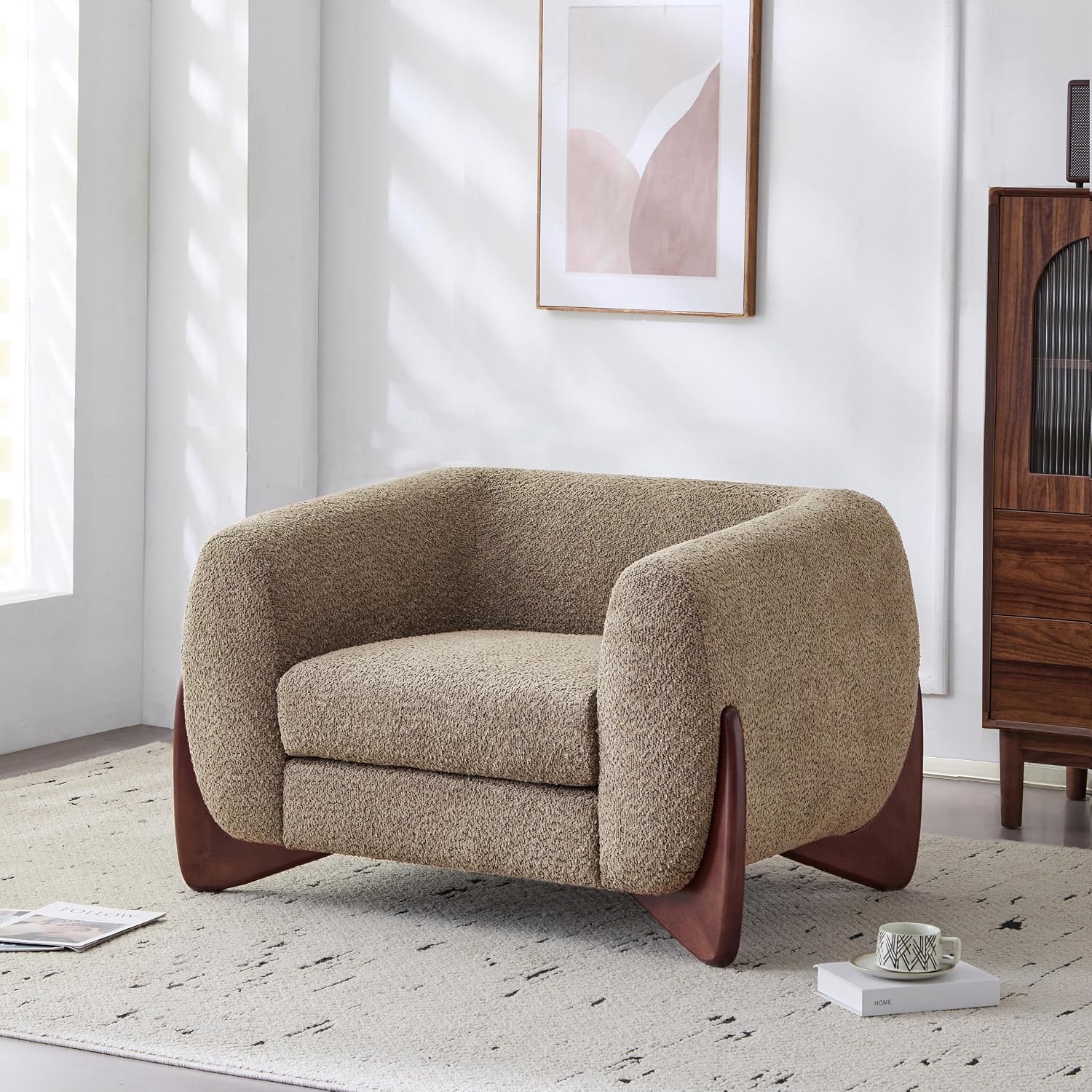 Christopher Knight Home Holly Modern Boucle Fabric Upholstered Club Chair for Living Room, Home Office, Apartment, Relaxing Chair with Removable Cushion and Birch Wood Legs, Light Brown