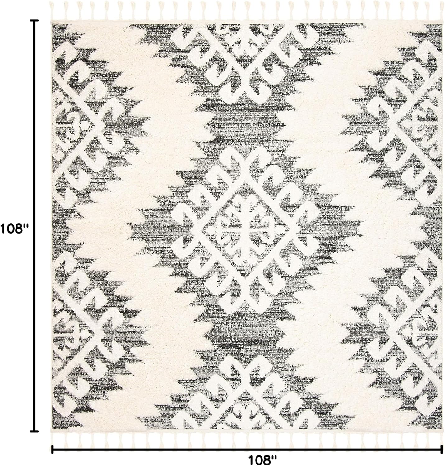 SAFAVIEH Moroccan Tassel Shag Collection Area Rug - 9' Square, Ivory & Grey, Boho Design, Non-Shedding & Easy Care, 2-inch Thick Ideal for High Traffic Areas in Living Room, Bedroom (MTS652F)