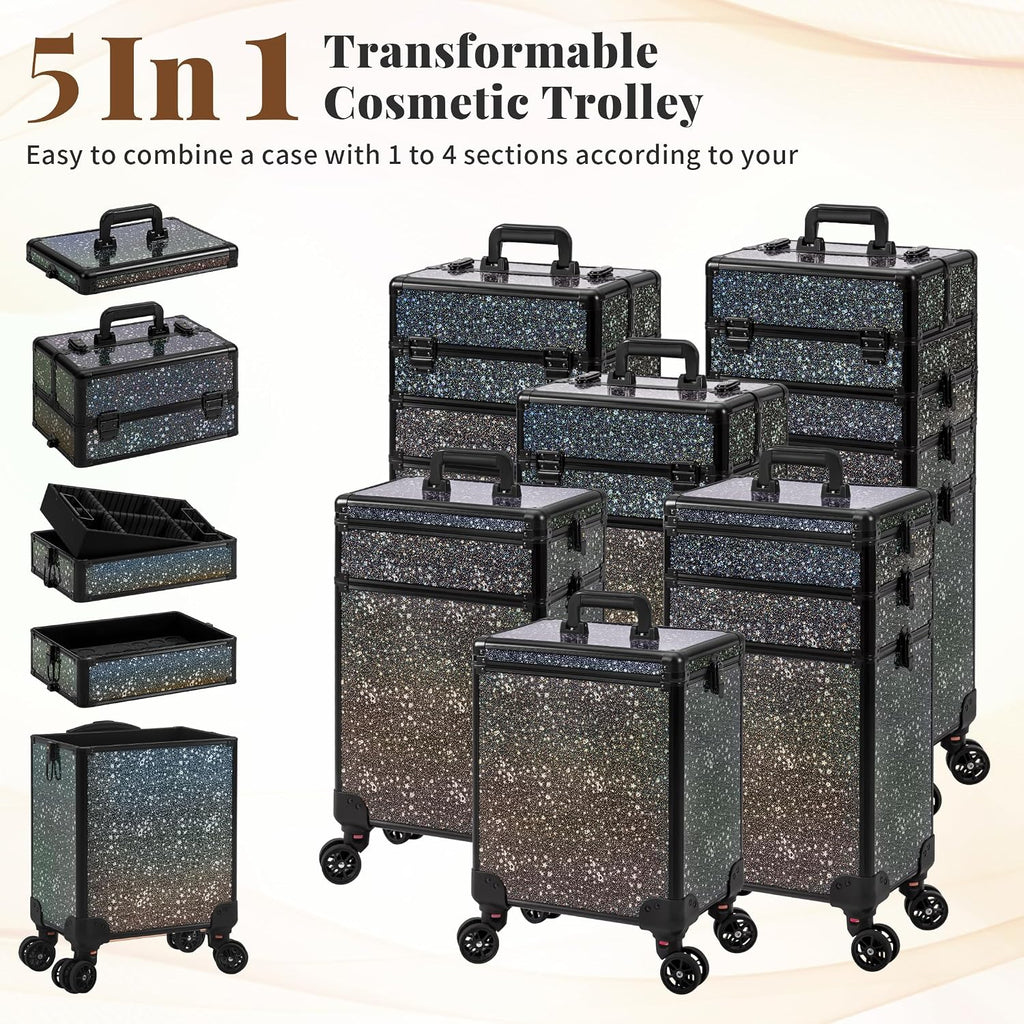 AROUS Rolling Makeup Train Case 5 in 1 Cosmetology Case on Wheels Large Cosmetic Organizer Travel Cart for Hairstylist Artist Nail Beauty Salon Barber,Black