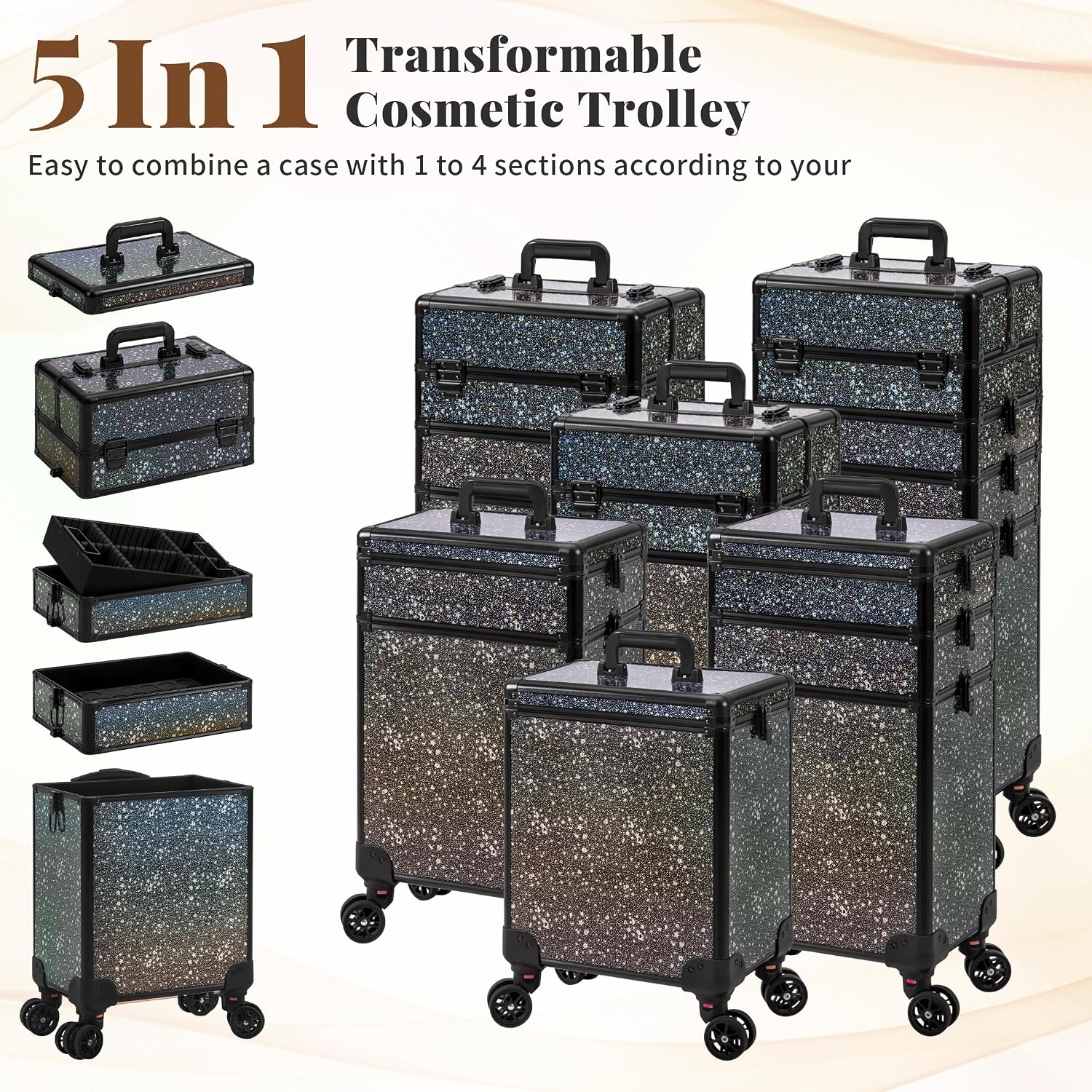 AROUS Rolling Makeup Train Case 5 in 1 Cosmetology Case on Wheels Large Cosmetic Organizer Travel Cart for Hairstylist Artist Nail Beauty Salon Barber,Black