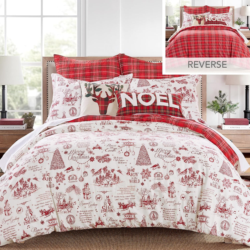 Levtex Home - Yuletide Comforter Set - Full/Queen Comforter 90x94 and Two Standard Pillow Cases 20x26 - Christmas Holiday Script - Red and Cream - Cotton