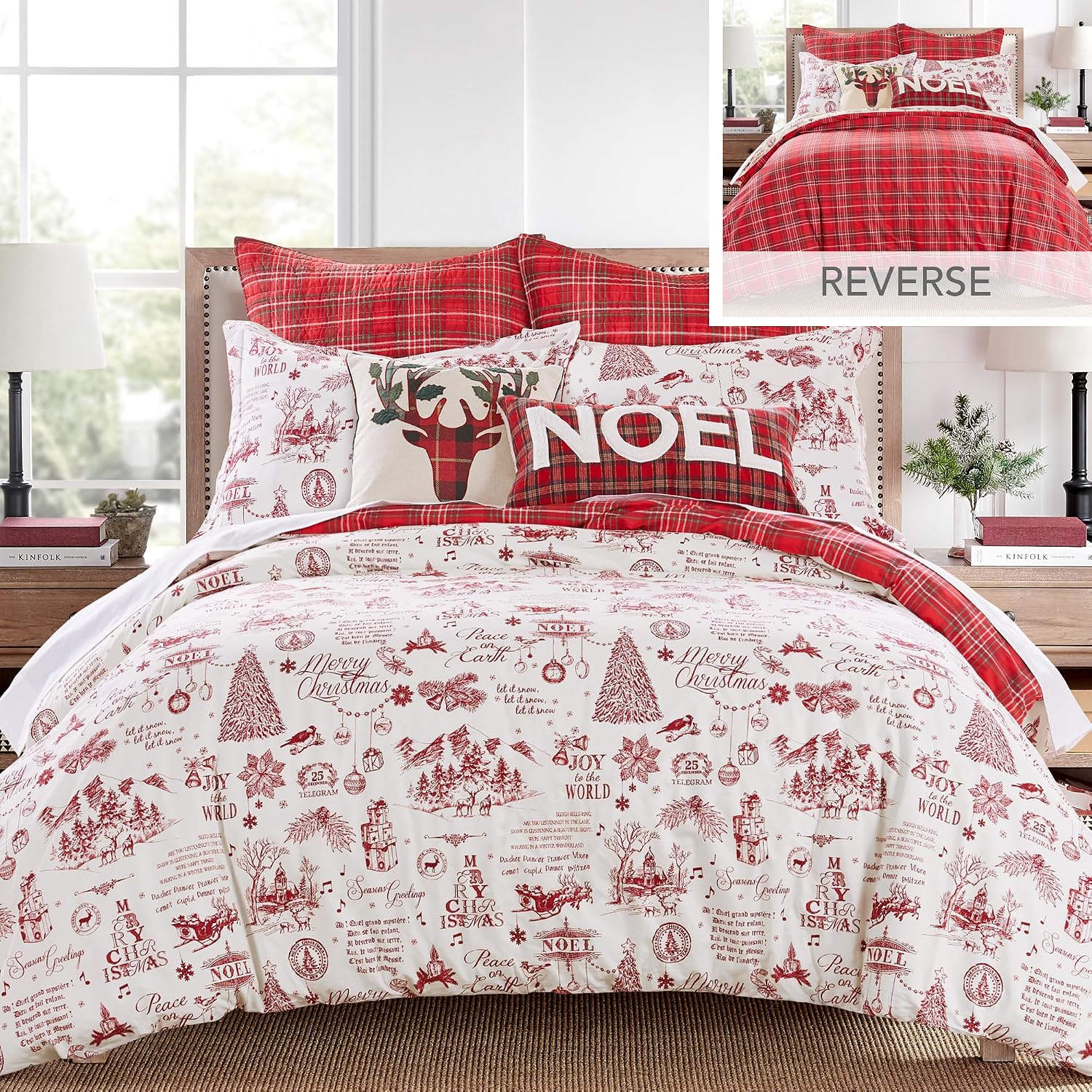 Levtex Home - Yuletide Comforter Set - Full/Queen Comforter 90x94 and Two Standard Pillow Cases 20x26 - Christmas Holiday Script - Red and Cream - Cotton