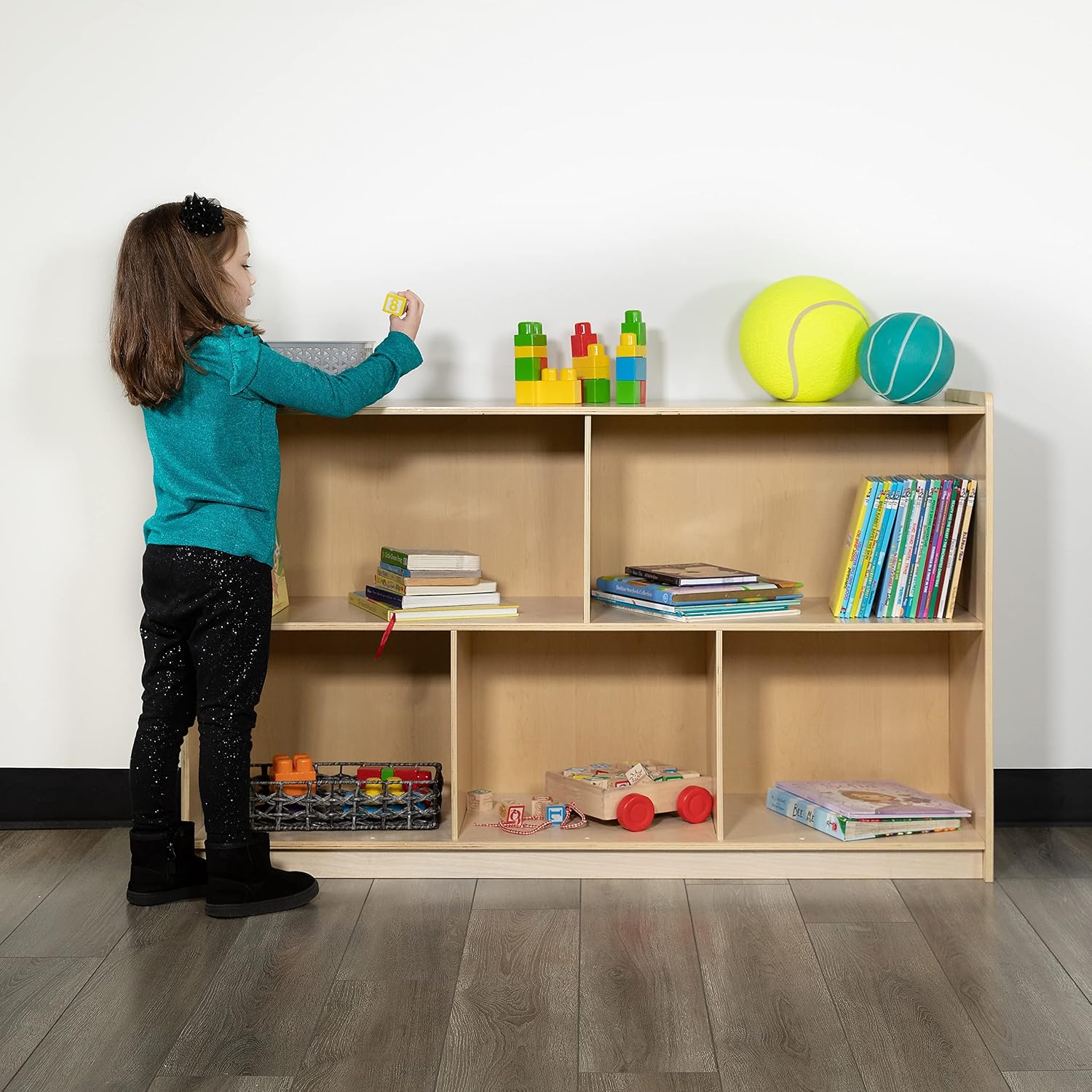 Flash Furniture Hercules Wooden 5 Section School Classroom Storage Cabinet for Commercial or Home Use - Safe, Kid Friendly Design - 30'H x 48'L (Natural)