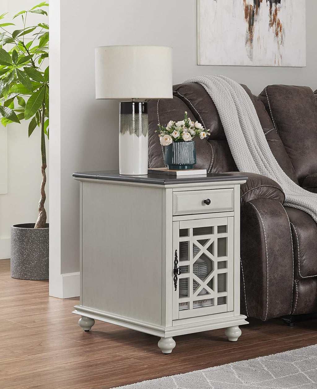 Martin Svensson Home Elegant Chairside End Table with Power — 24″W x 16″D x 25″H, White with Gray Top — Transitional Painted Accent Table with Flip-Top USB Charging, Drawer & Cabinet Storage