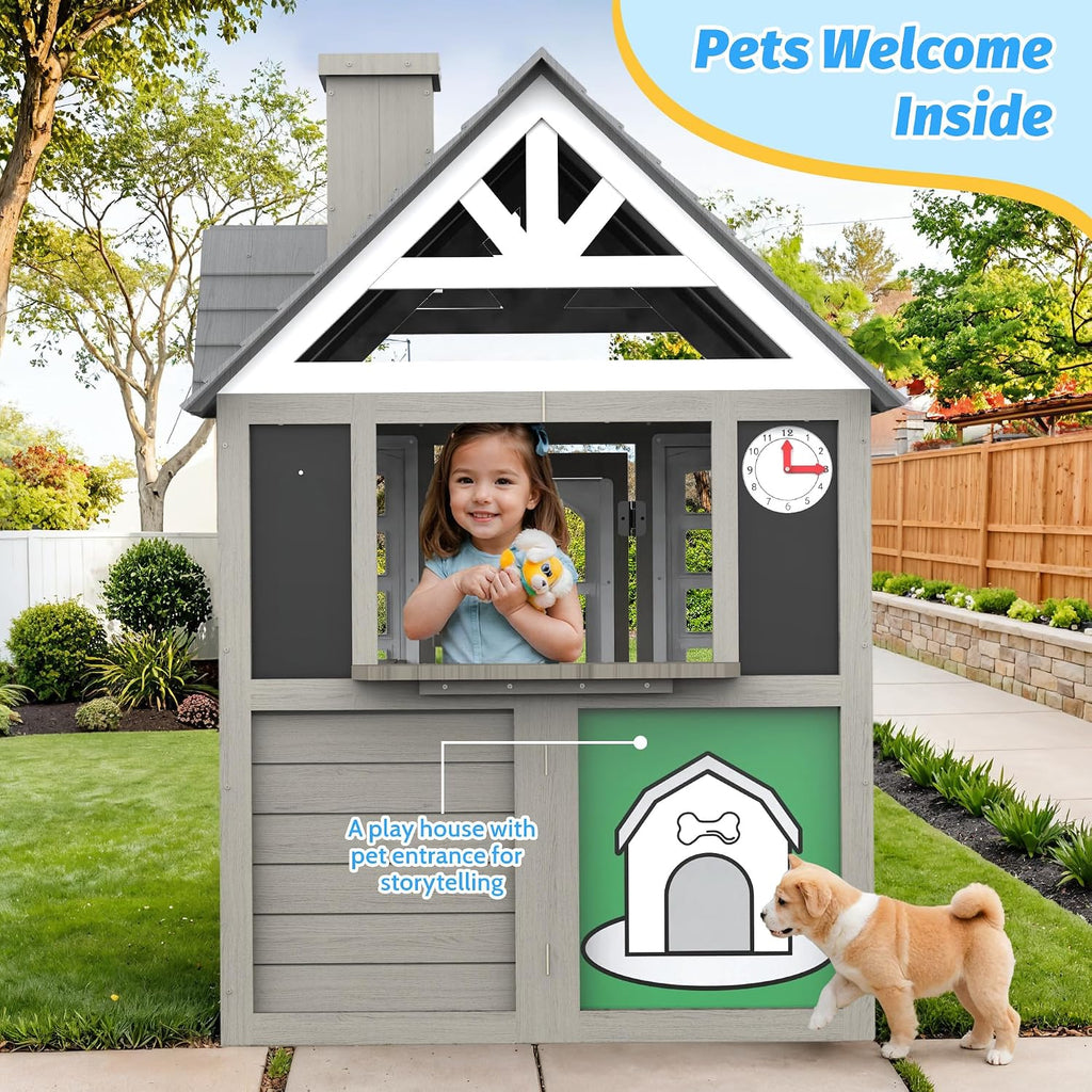 Kids Outdoor Playhouse,Cedar Gray Wooden Play House for Kids Ages 3-8, with Play Kitchen, Interactive Doorbell, Toy Phone, Sink, Flowerpot