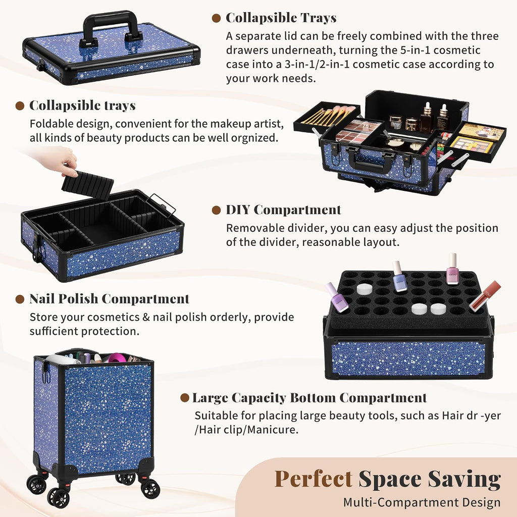 AROUS Rolling Makeup Train Case 5 in 1 Cosmetology Case on Wheels Large Cosmetic Organizer Travel Cart for Hairstylist Artist Nail Beauty Salon Barber,Blue