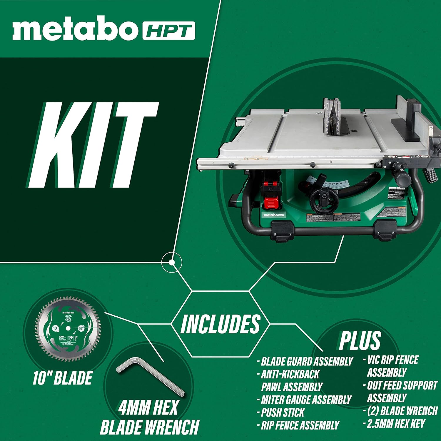 Metabo HPT 36V MultiVolt 10 Inch Table Saw, Cordless Power Saw, Brushless Motor, Precision Bevel Cuts, High Rip Capacity, 10-Inch 40-Tooth Carbide Tipped Blade, Tool Body Only, C3610DRJQ4