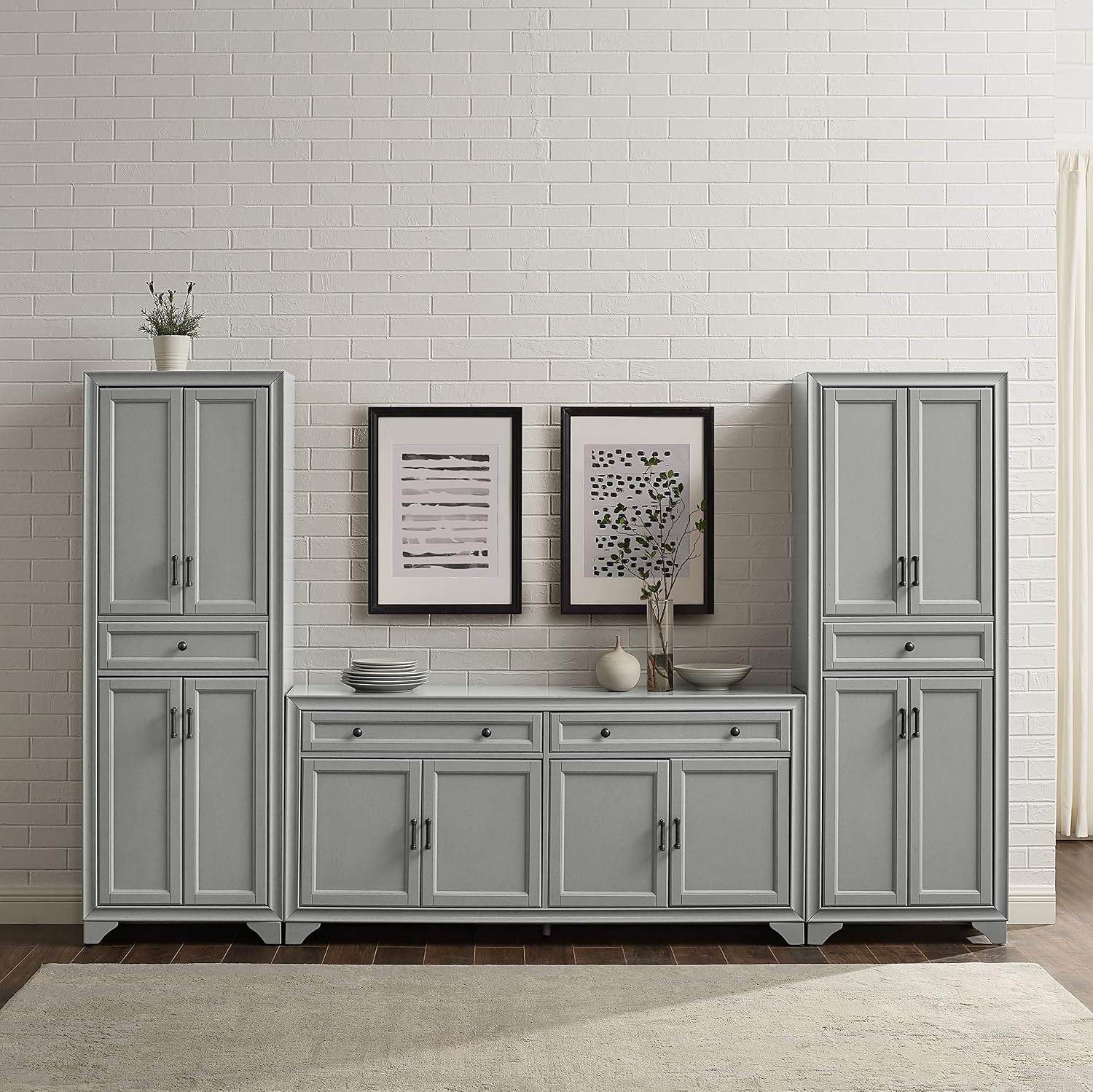 Crosley Furniture Tara 3-Piece Modern Farmhouse Sideboard Buffet Cabinet and Kitchen Storage Pantry Set, Distressed Gray