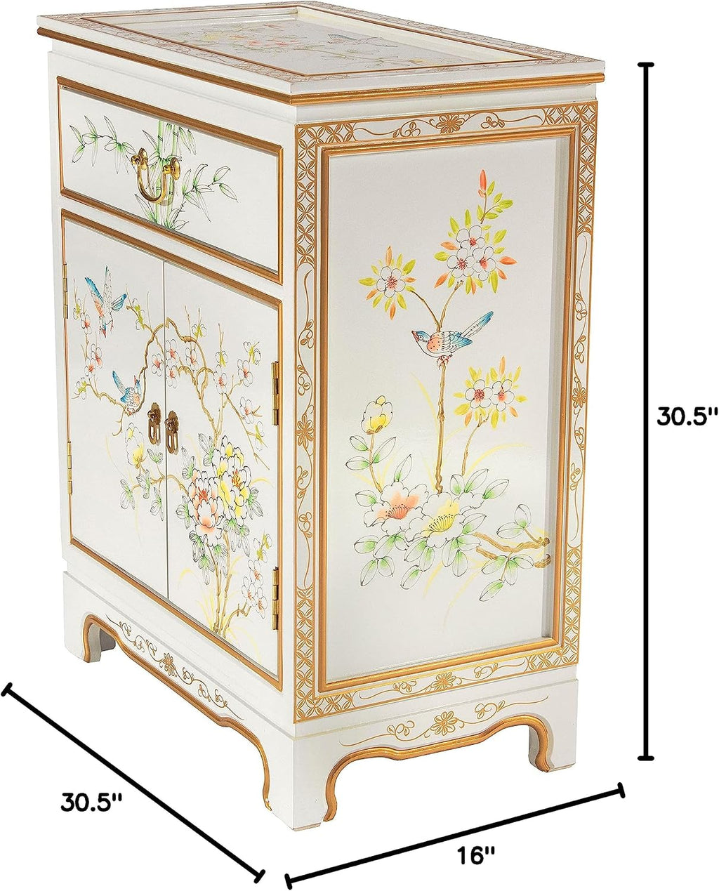 Red Lantern Artisan Crafted Lacquer Storage Cabinet - White with Hand-Painted Birds and Flowers