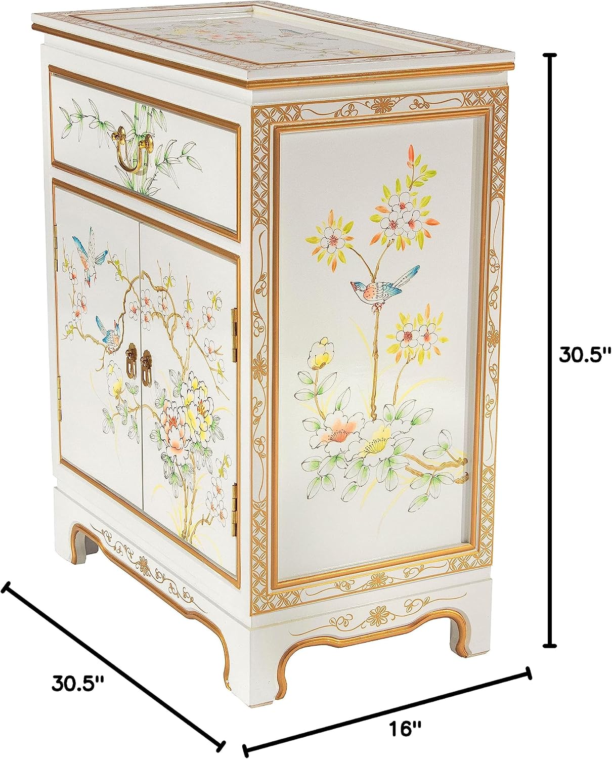 Red Lantern Artisan Crafted Lacquer Storage Cabinet - White with Hand-Painted Birds and Flowers