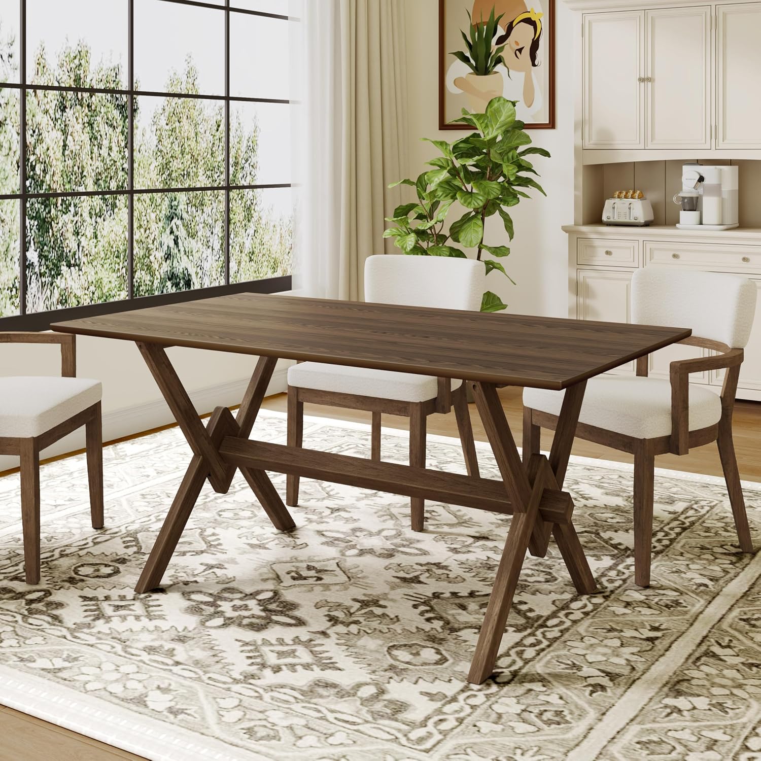 Christopher Knight Home Hiro 63 Inch Dining Table for 6 People, Modern Farmhouse Kitchen Table with Double V Legs, Wooden Rectangular Kitchen and Dining Room Furniture, Home Office, Walnut