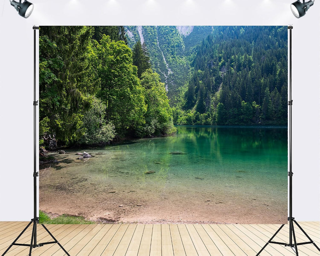 Trykid 20x10ft Clear Forest Lake Mountain Backdrop Emerald Waters Lush Foliage Photography Background Nature Events Outdoor Adventures Party Decoration Photo Booth Prop Fabric