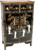 Red Lantern Artisan Crafted Lacquer Storage Cabinet - Black with Mother of Pearl Courtyard Scene
