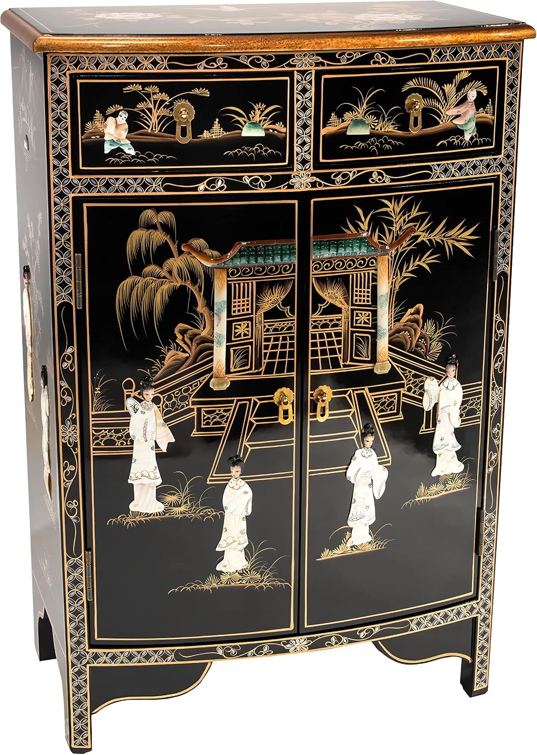Red Lantern Artisan Crafted Lacquer Storage Cabinet - Black with Mother of Pearl Courtyard Scene