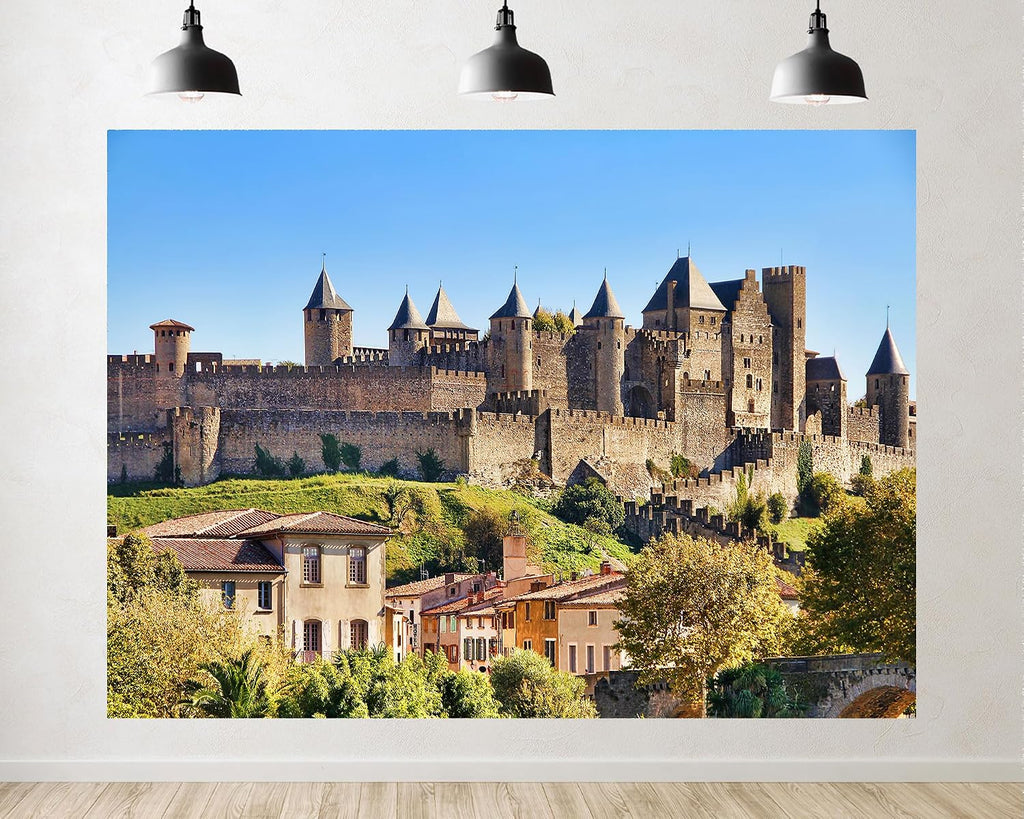 Trykid 20x10ft Medieval Fortified City Backdrop Stone Walls Turrets Terracotta Roofs Clear Blue Sky Photography Background Historical Renaissance Party Decoration Photo Booth Prop Fabric