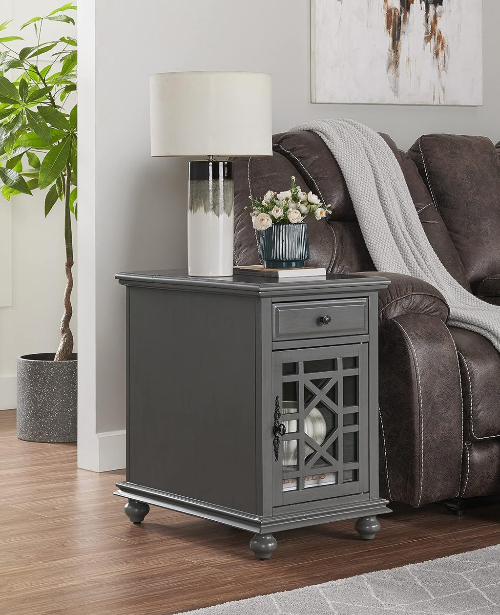 Martin Svensson Home Elegant Chairside End Table with Power — 24″W x 16″D x 25″H, Gray — Transitional Painted Accent Table with Flip-Top USB Charging, Drawer & Cabinet Storage