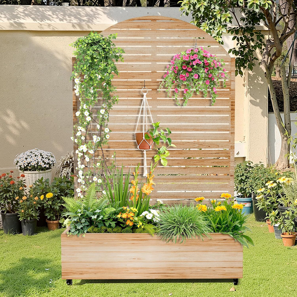 Metal Raised Garden Bed with Trellis, 2-in-1 Planter Box & Privacy Screen for Climbing Plants, Outdoor Standing Flower Bed with Drainage Holes, 47.2'L x 16.7'W x 70.8'H, Acacia Wood Grain-Louvered