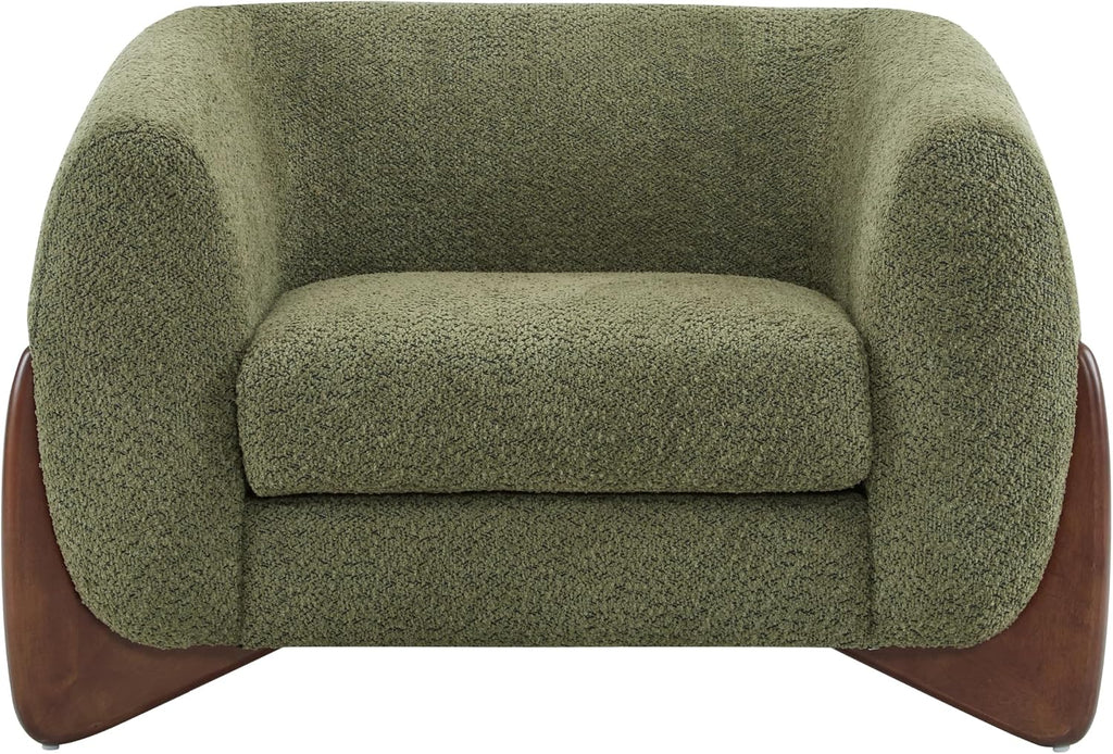 Christopher Knight Home Holly Modern Boucle Fabric Upholstered Club Chair for Living Room, Home Office, Apartment, Relaxing Chair with Removable Cushion and Birch Wood Legs, Olive Green+Walnut