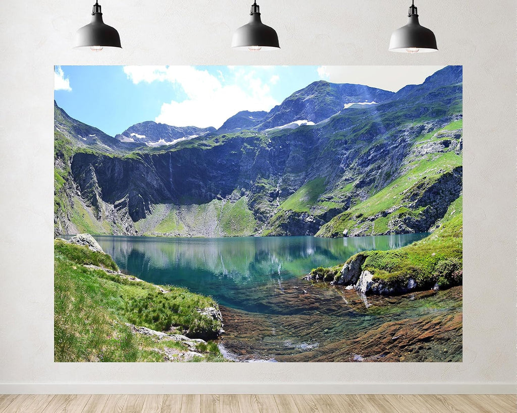 Trykid 20x10ft Alpine Glacial Lake Mountain Backdrop Clear Green Water Cliff Fresh Alpine Nature Landscape Photography Background Outdoor Travel Party Decoration Photo Booth Prop Fabric