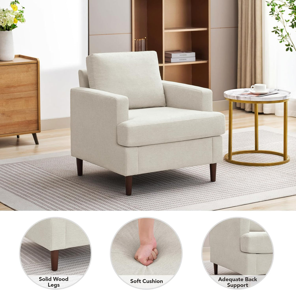 Weture Mid-Century Accent Chair,Modern Linen Fabric Armchair for Living Room,Comfy Upholstered Reading Accent Chairs for Bedroom,Single Sofa Chair with Wood Legs (Beige, 1 Pack)