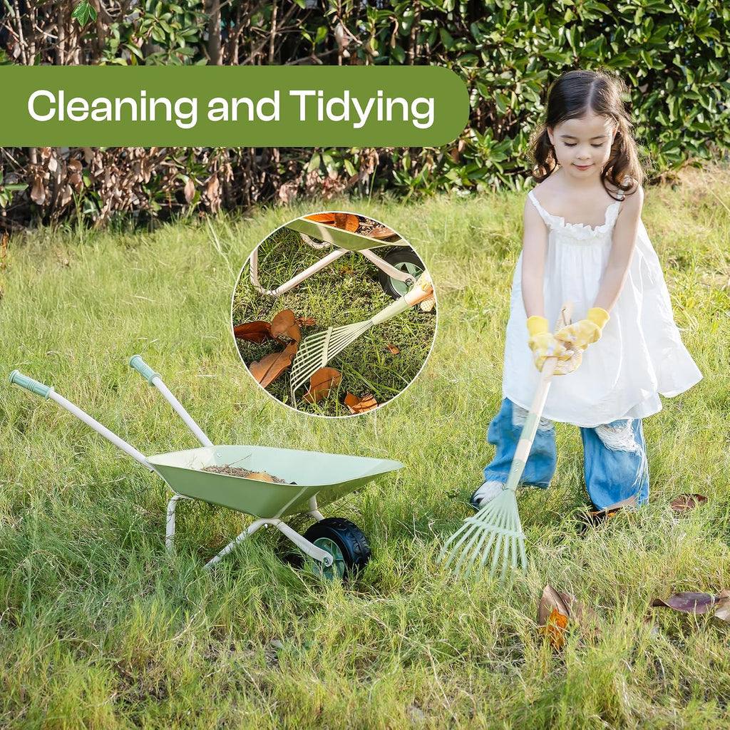 ROBOTIME Outdoor Mud Kitchen & Kids Wheelbarrow Set, Wooden Play Kitchen with Sink, Faucet, Stove & Accessories + 5PCS Metal Kids Gardening Tools for Backyard Pretend Play, Planting & Outdoor Fun for