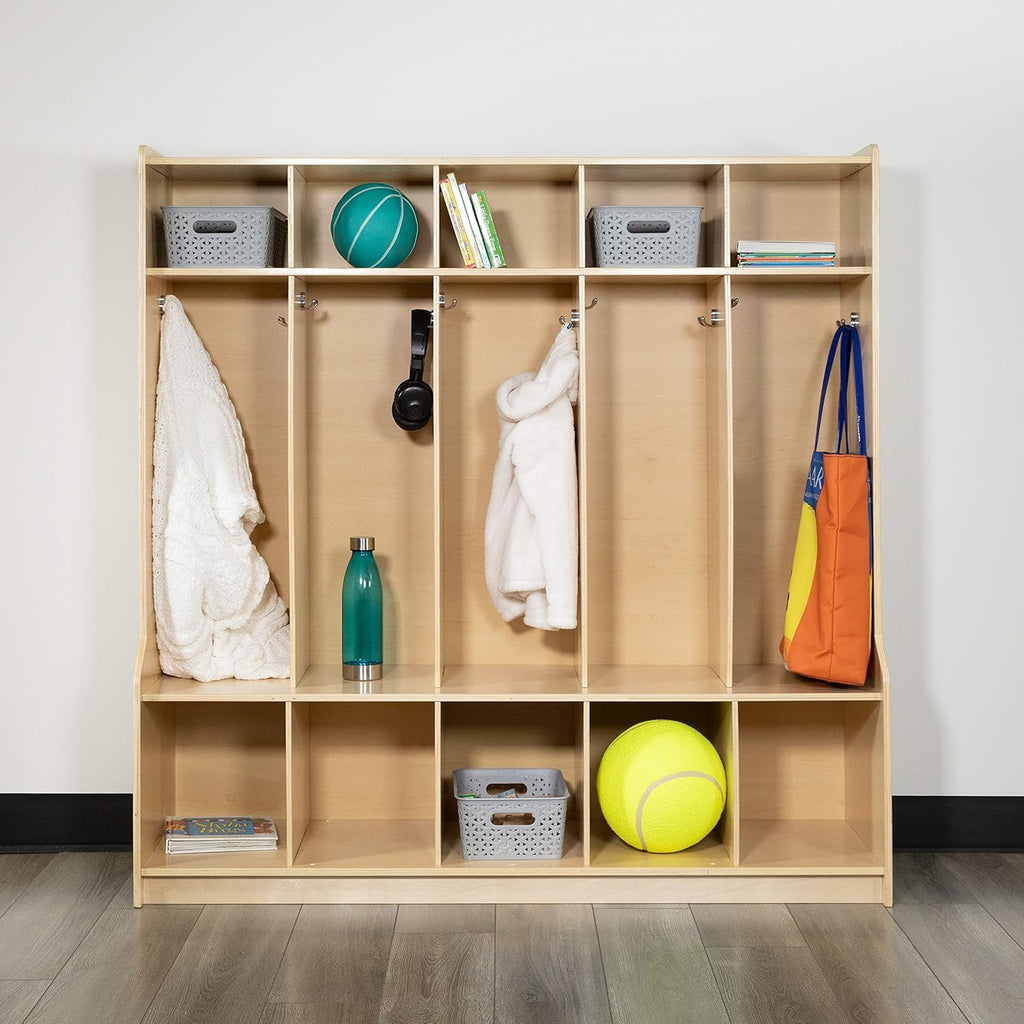 Flash Furniture Hercules Wooden 5-Section School Coat Locker with Bench, Cubbies, and Storage Hooks, Preschool Cubby Organizer, 48'H x 48'L, Natural