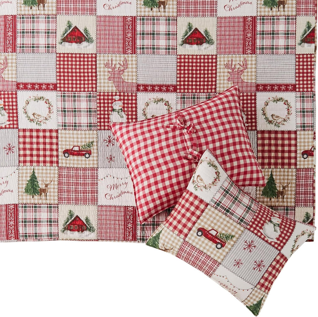 Levtex Home - Home for Christmas Bedspread Set - Full Bedspread and Two Standard Shams - Patchwork - Green Red Taupe Cream - Bedspread (96X106in.) and Shams (20x26in.) - Cotton