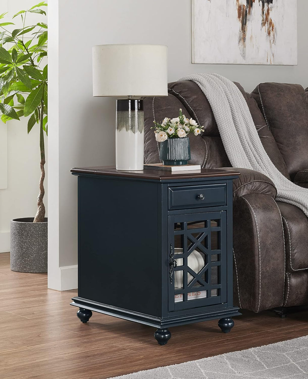 Martin Svensson Home Elegant Chairside End Table with Power — 24″W x 16″D x 25″H, Catalina Blue with Walnut Top — Transitional Painted Accent Table with Flip-Top USB Charging, Drawer & Cabinet Storage