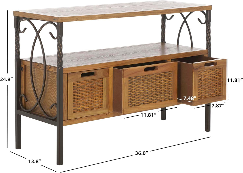 SAFAVIEH Home Collection – Joshua Oak Brown 3-Drawer Console Table with Shelf, Wicker Front Storage Drawers, Farmhouse-Inspired Accent Console for Entryway or Living Room (AMH6532C)